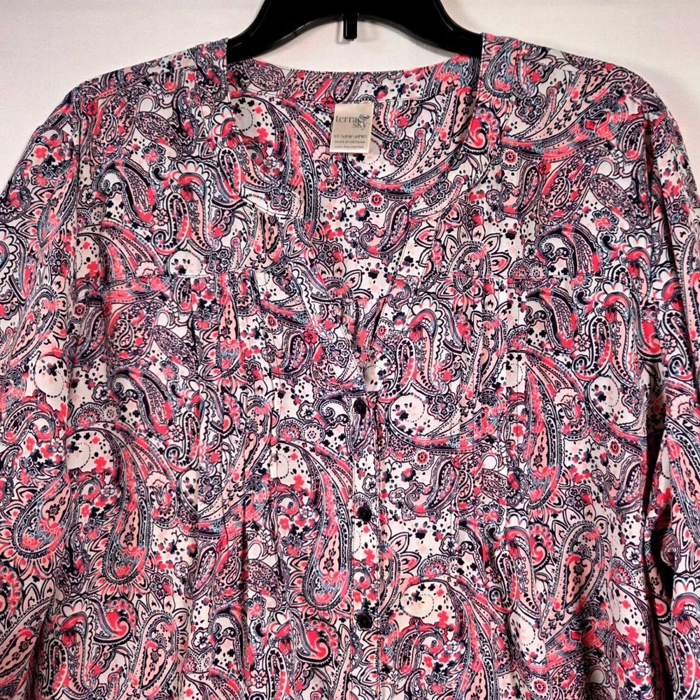 Pink Blue Paisley Boho Cottagecore Button Front Blouse‎ Feminine Plus  Size 1X